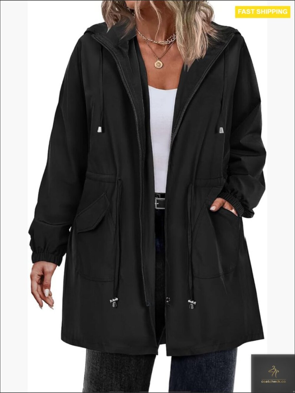 Plus Size Long Raincoat Lightweight Hooded Windbreaker Waterproof Jacket With